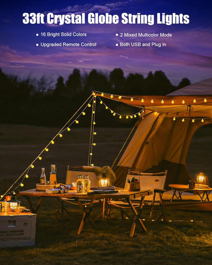 Minetom Crystal Globe String Lights - 33 ft 100 LED Color Changing Fairy Lights with Remote & Timer | Waterproof for Bedroom, Tent, or Party