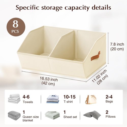 Homsorout Closet Organizers - 8 Pack Collapsible Trapezoidal Storage Bins with Orange Handles | Beige