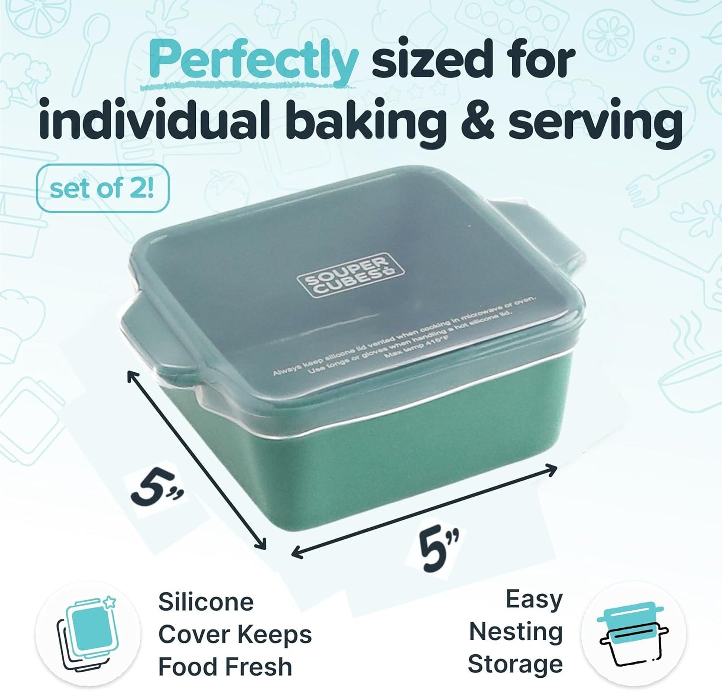 Souper Cubes Stoneware Baking Dishes - Premium Mini Ceramic with Silicone Covers, Set of 2 | 5" x 5" - Kale