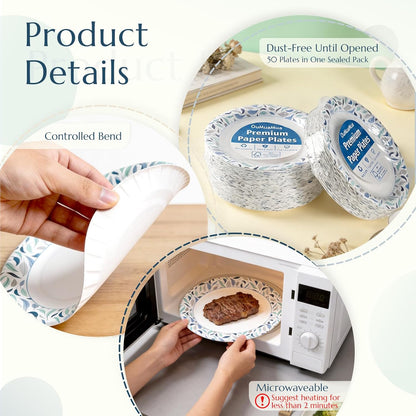 OuMuaMua 8.5 Inch Disposable Paper Plates - 300 Count, Soak Proof & Microwave Safe for Everyday Meals