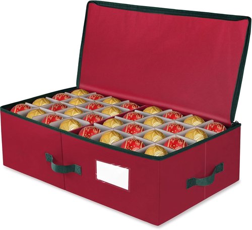 BlessedSeason Christmas Ornament Storage Box | Holds Up to 64 3” Balls - Adjustable Dividers & Dual Zipper
