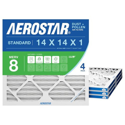 Aerostar MERV 8 Air Filter - 14x14x1 Size | Captures Dust, Lint & Pollen - 4 Count, Made in USA