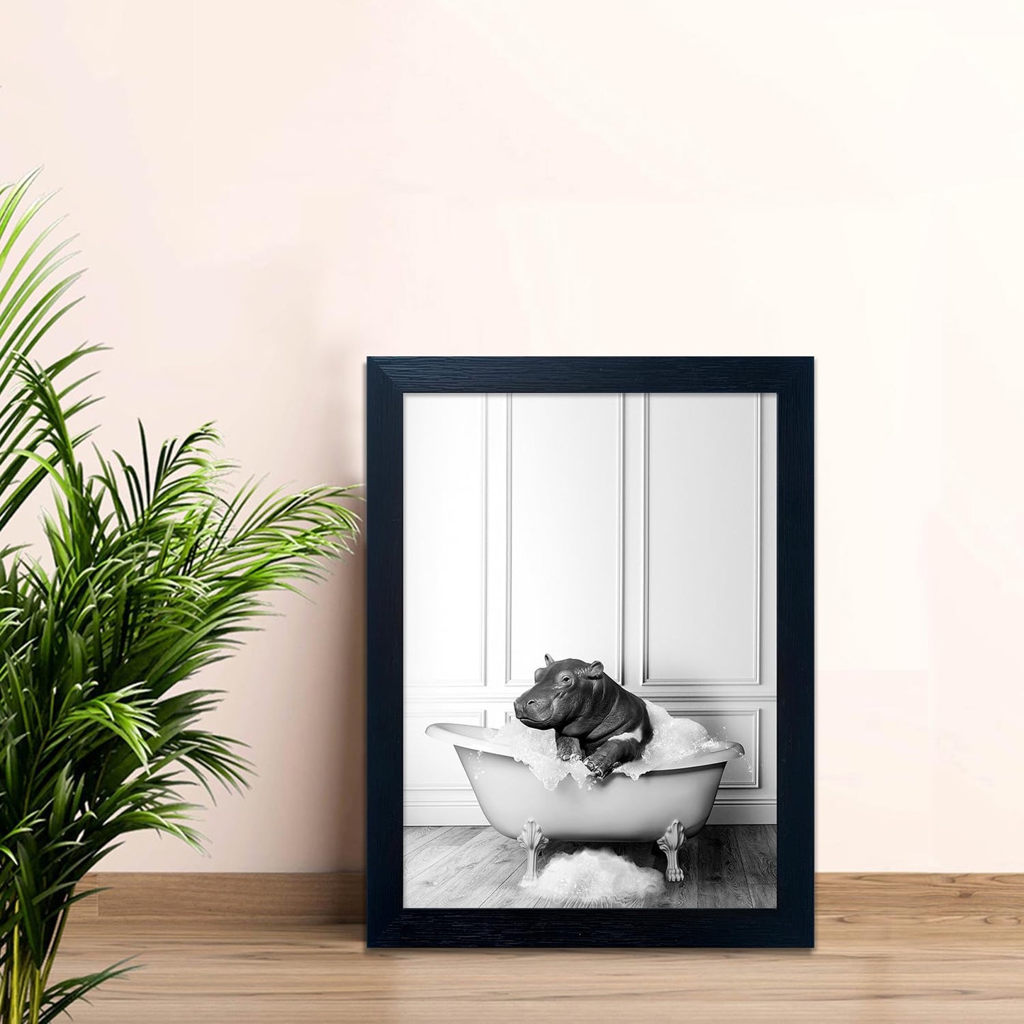 Skiennix Framed Bathroom Decor - Cute Black and White Hippo in Bathtub Canvas Print | Wall Art for Home