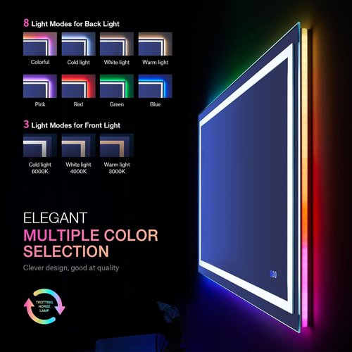 LOAAO LED Bathroom Mirror - 40" x 36" Anti-Fog, Dimmable, RGB Backlit & Front Lighted | Waterproof Tempered Glass
