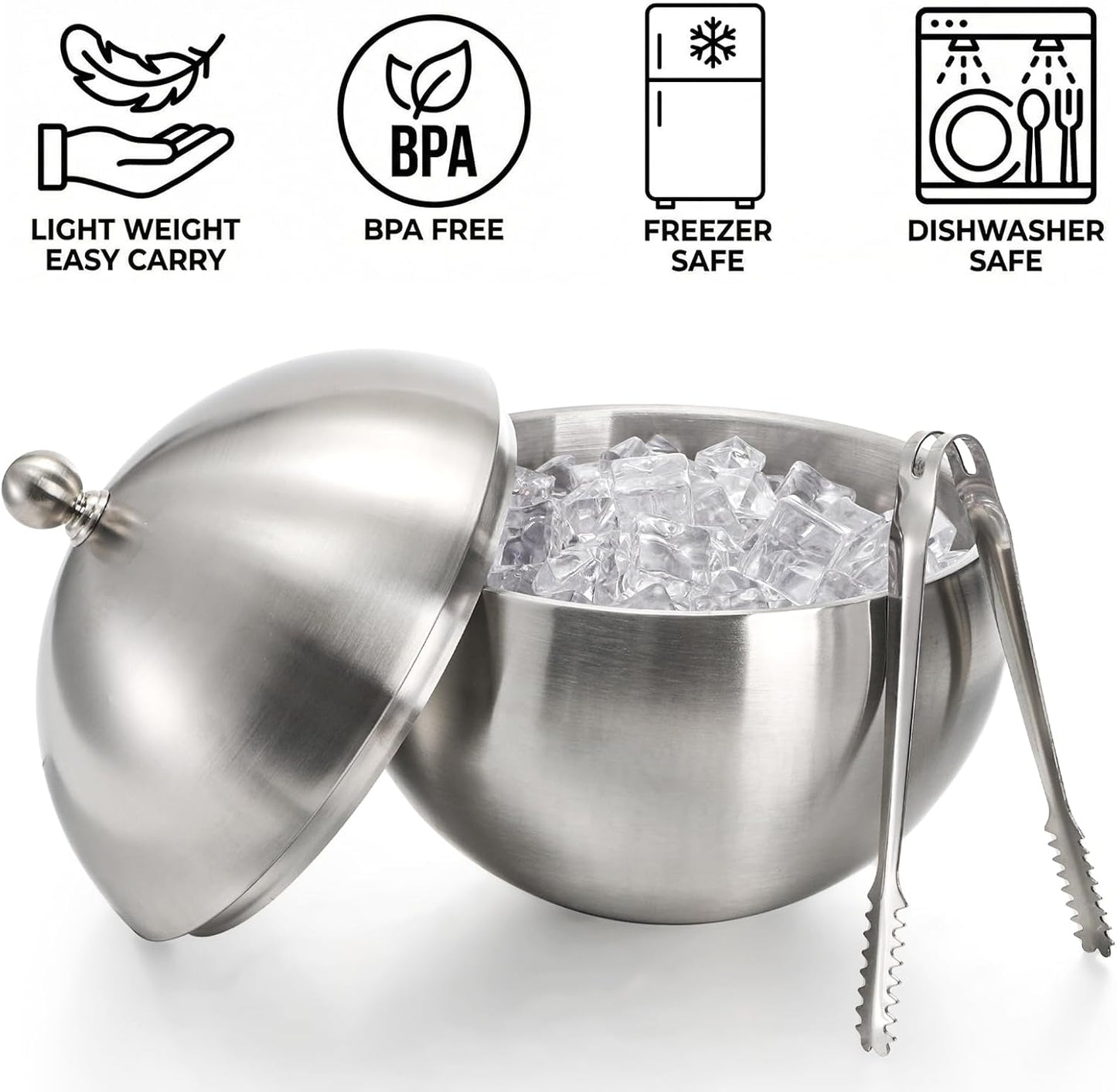 Yesland Ice Bucket with Lid, Double Insulation Ice Box Container Storage Box, 2 L Stainless Steel Ice Bucket Container with Ice Tong Scooper, Spherical Wine Champagne Barrel for Home Party Bar