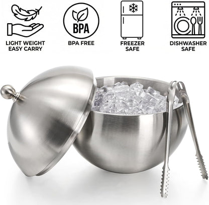 Yesland Ice Bucket with Lid, Double Insulation Ice Box Container Storage Box, 2 L Stainless Steel Ice Bucket Container with Ice Tong Scooper, Spherical Wine Champagne Barrel for Home Party Bar