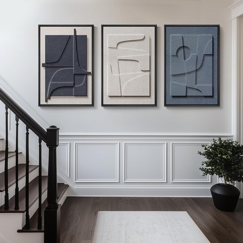 Framed 3D Textured Blue and White Abstract Wall Art by [Brand Name] - Modern 3 Piece Set for Living Room, Bedroom, Office | 20x30 In