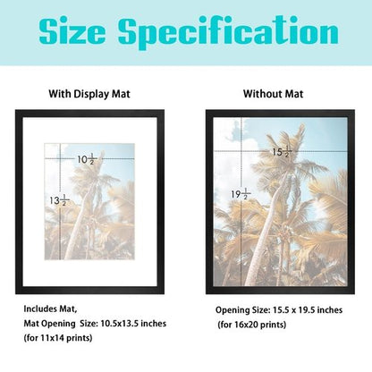 Frametory, 16x20 Black Picture Frame - Display Pictures 11x14 Photo with Mat - High Definition Real Glass- Wide Molding (16x20, Black)