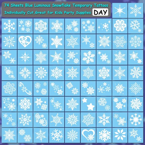 CHARLENT Blue Luminous Snowflake Temporary Tattoos - 74 Sheets of White Snowflake Designs for Kids & Adults | Perfect for Winter & Christmas Parties