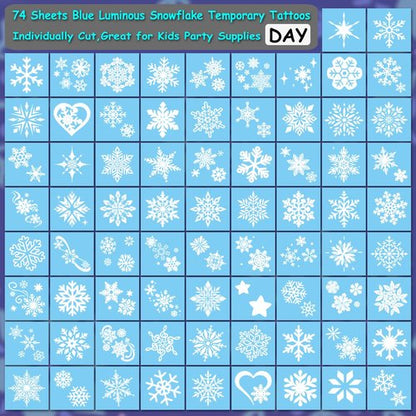 CHARLENT Blue Luminous Snowflake Temporary Tattoos - 74 Sheets of White Snowflake Designs for Kids & Adults | Perfect for Winter & Christmas Parties