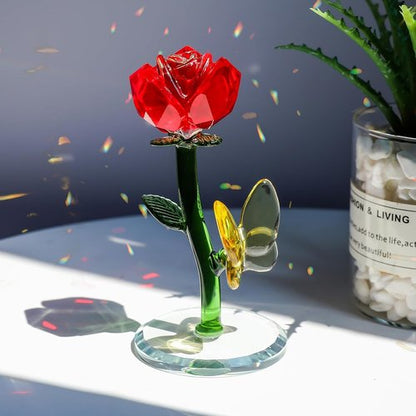 LONGWIN Crystal Red Rose Flower Figurine - Elegant Glass Spring Bouquet Home Decor Gift for Her