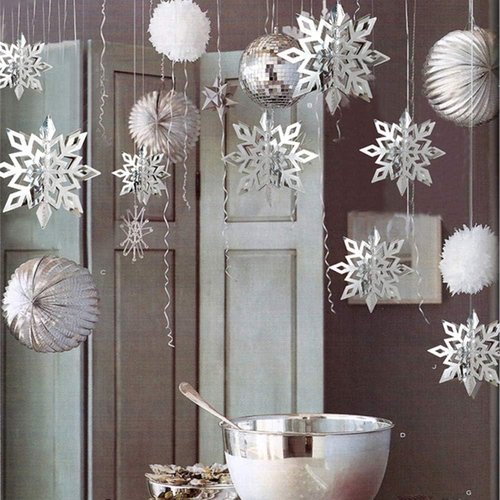 24Pcs Snowflake Christmas Decor | 12 Silver & 12 White 3D Hanging Snowflakes for Holiday Parties