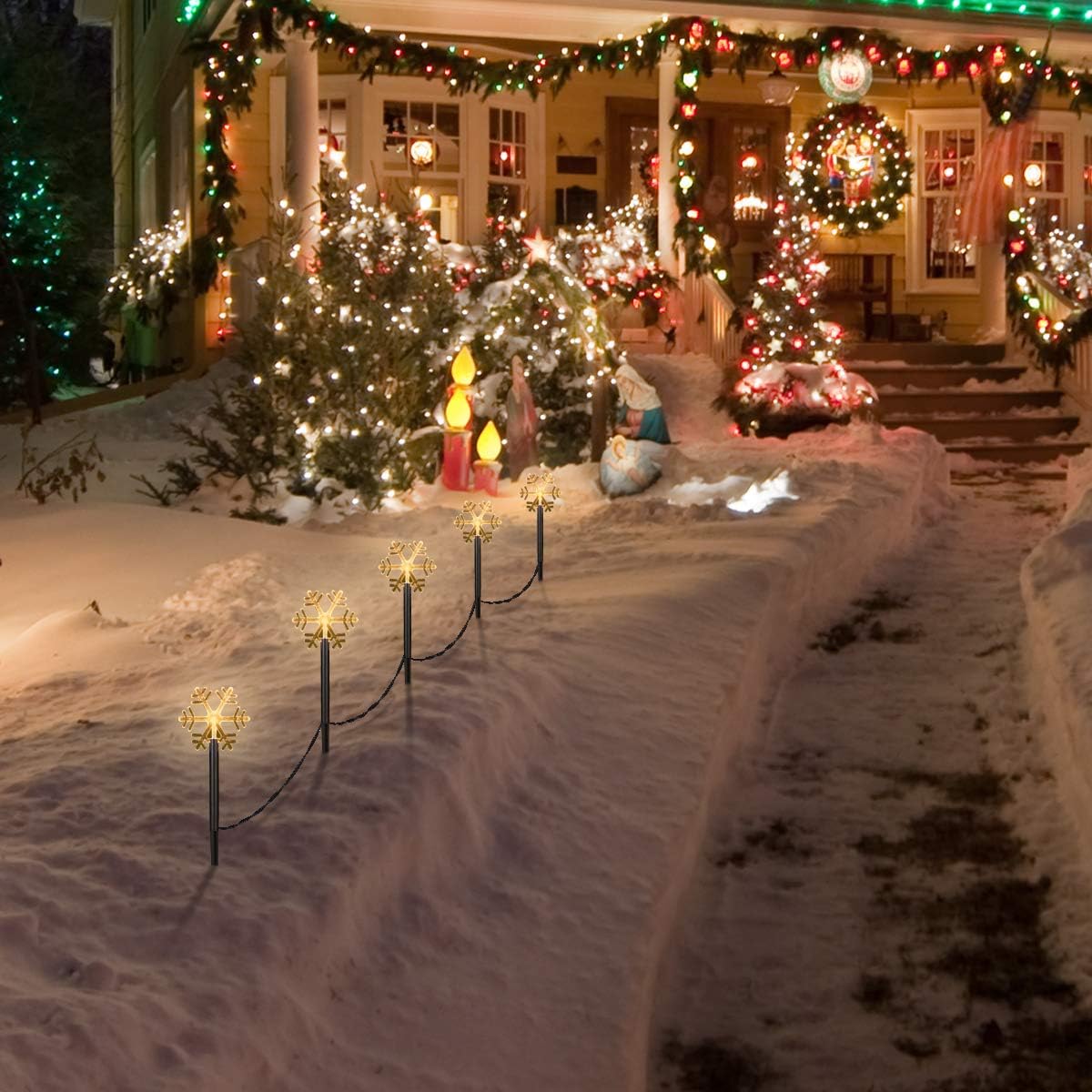 Uonlytech Christmas Snowflake Garden Lights - 5 Pack Battery Operated Waterproof Decor for Patio & Yard