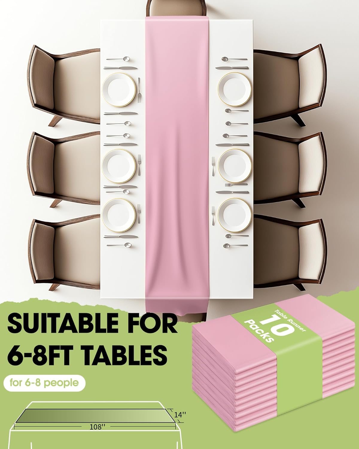 Pureegg Disposable Table Set - 10 Pack White & Pink Tablecloths (54''x108'') & Runners (14''x108'') | Leakproof & Stain-Resistant for Events