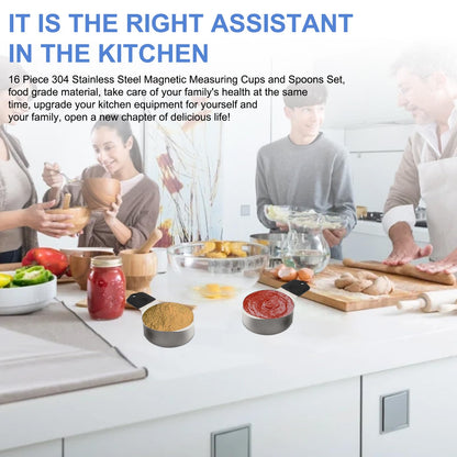 Spalivivre Magnetic Measuring Cups and Spoons Set, 16PCS with 7 Stainless Steel Measuring Cups 8 Magnetic Spoons and 1 Leveler for Measure Dry and Liquid Ingredients, Dishwasher Safe and Stackable