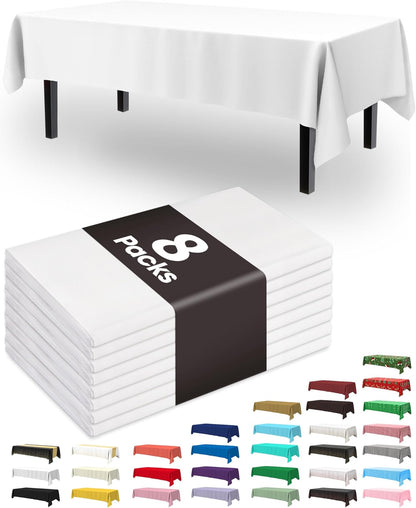Pureegg 8-Pack White Disposable Tablecloths & 100 Heavy-Duty Black Plates | BPA-Free, Leakproof, Ideal for Parties & Picnics