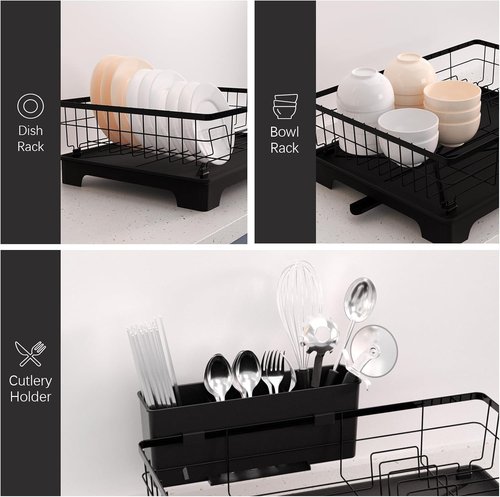 HappyHapi Drying Rack - Durable Dish Rack with Drainboard & Utensil Holder for Kitchen Organization (Black)