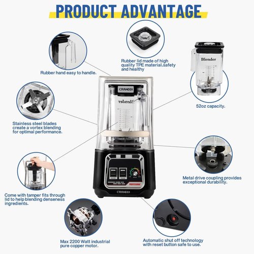 CRANDDI Commercial Blender - 2200W Quiet Smoothie Maker with Removable Shield | 52oz, Black
