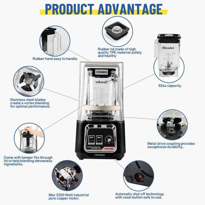 CRANDDI Commercial Blender - 2200W Quiet Smoothie Maker with Removable Shield | 52oz, Black