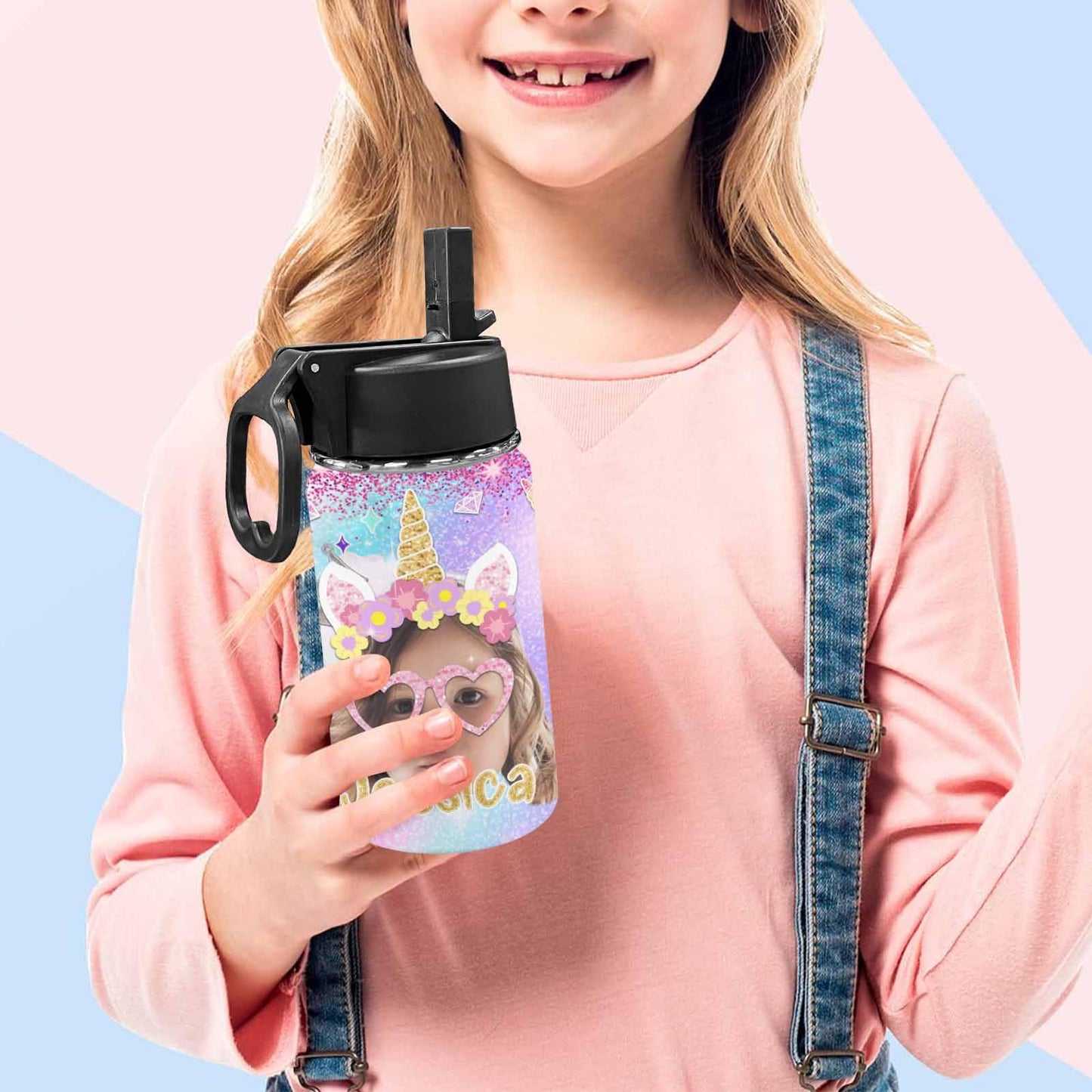 Personalized Kids Water Bottles with Cute Pattern 12oz Custom Gradient Color Water Cup with Kids Name Cute Water Bottle Gift for Girls Daughter Granddaughter Toddler Children School Birthday