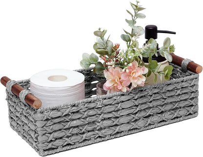 Skiennix Small Wicker Storage Basket - Decorative Organizing Bin with Handle | Light Grey