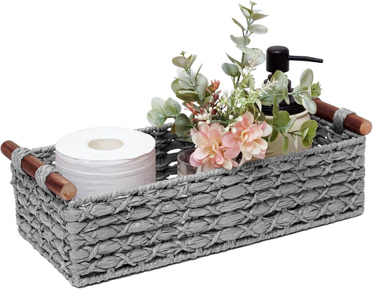 Skiennix Small Wicker Storage Basket - Decorative Organizing Bin with Handle | Light Grey