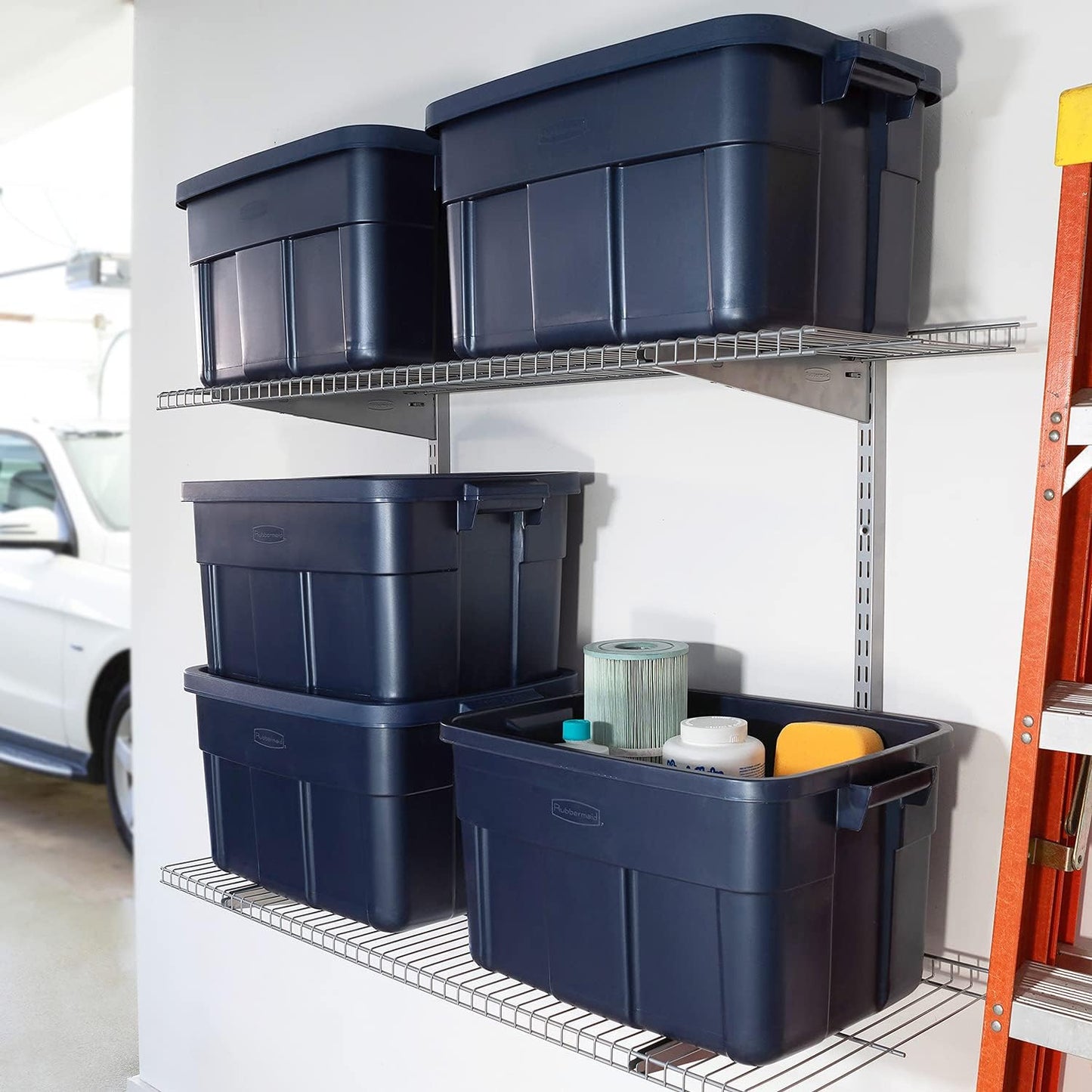 Rubbermaid Roughneck 14 Gal Tote - Rugged Stackable Storage Bins with Lids & Handles | Dark Indigo Metallic | 6 Pack