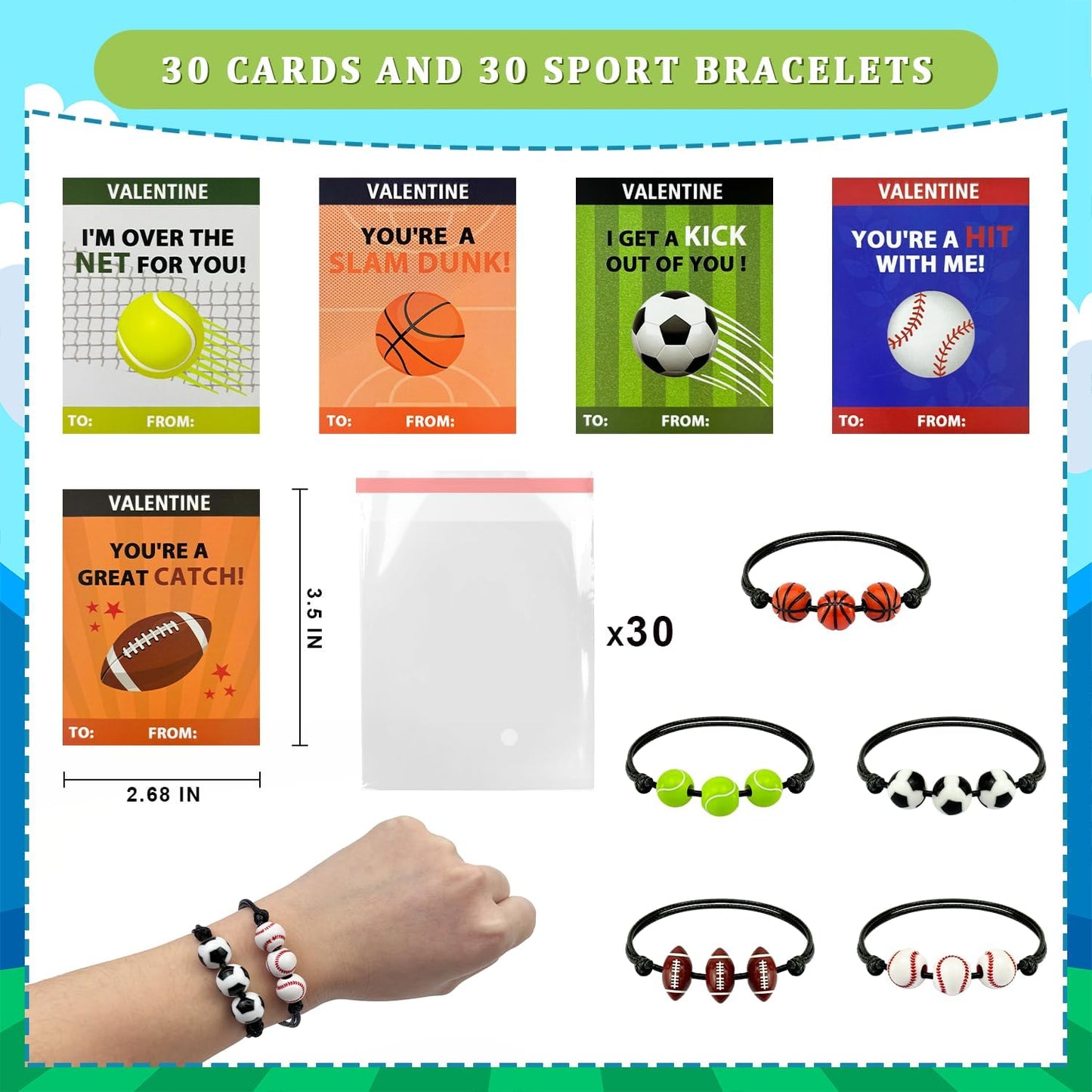 Sports Valentine's Day Gift Cards - 30 Pack Adjustable Bracelets for Kids | Non-Candy Treats & Party Favors