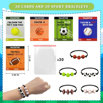 Sports Valentine's Day Gift Cards - 30 Pack Adjustable Bracelets for Kids | Non-Candy Treats & Party Favors