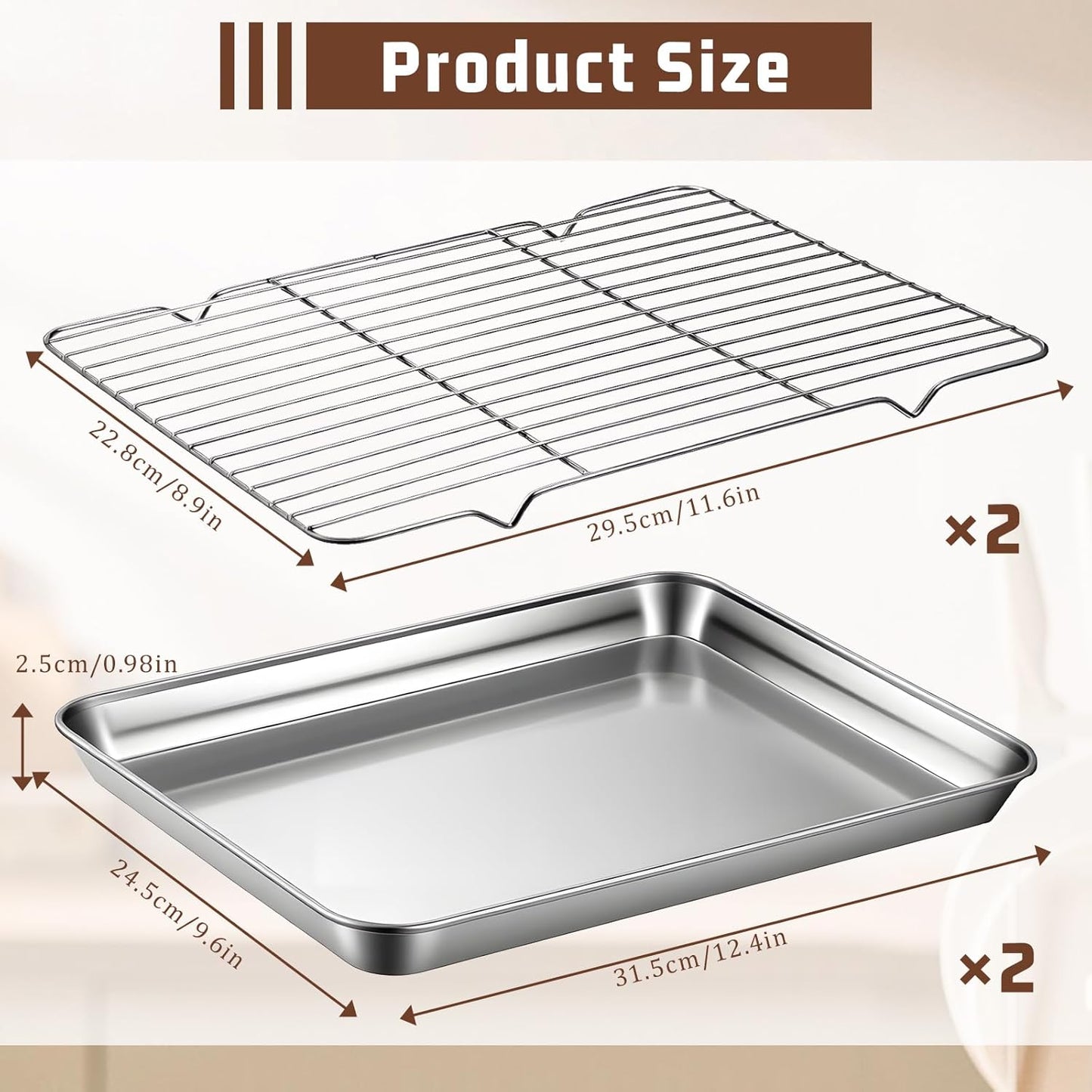 Stainless Steel Baking Sheet Set by [Brand Name] - 2 Pans & 2 Racks | Rust-Free, Nonstick, 12.4 x 9.6 Inches