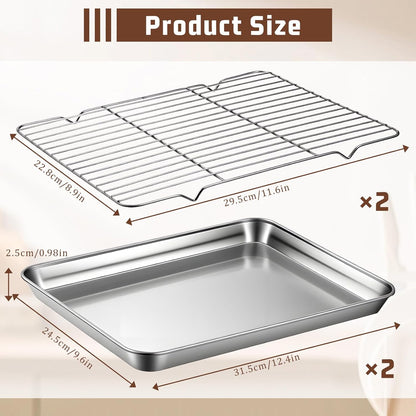 Stainless Steel Baking Sheet Set by [Brand Name] - 2 Pans & 2 Racks | Rust-Free, Nonstick, 12.4 x 9.6 Inches