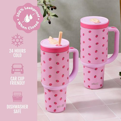 Ello Oasis 30oz Stainless Steel Tumbler - Stylish Strawberries Design for Ultimate Hydration