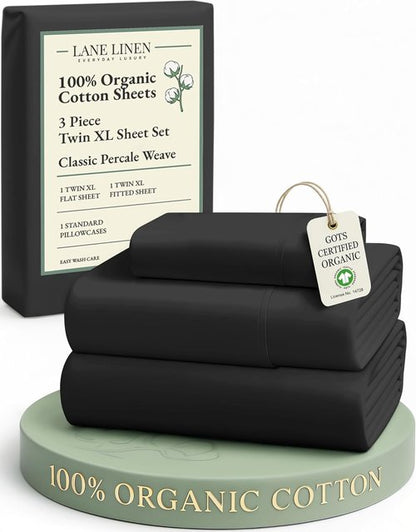 LANE LINEN 100% Organic Cotton Bed Sheets - Soft & Comfy Twin XL Sheets for Hospital & Dorm | Black