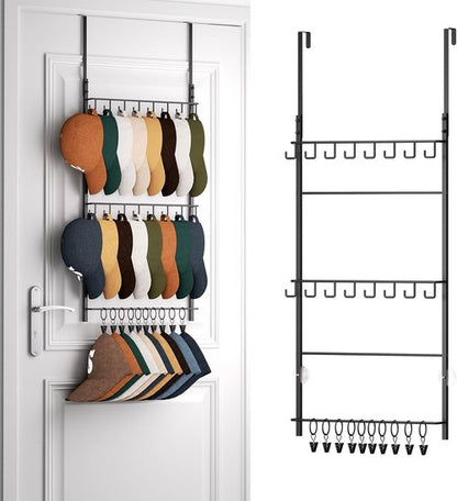 HapiRm Over Door Hat Rack - 3-Tier Organizer with 16 Hooks & 10 Movable Clips | Holds Up to 26 Caps