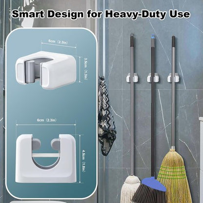 Funest Mop and Broom Holder Wall Mount - No Drill, Self-Adhesive, Non-Slip Grippers for Tile Walls | White, 6 Pack