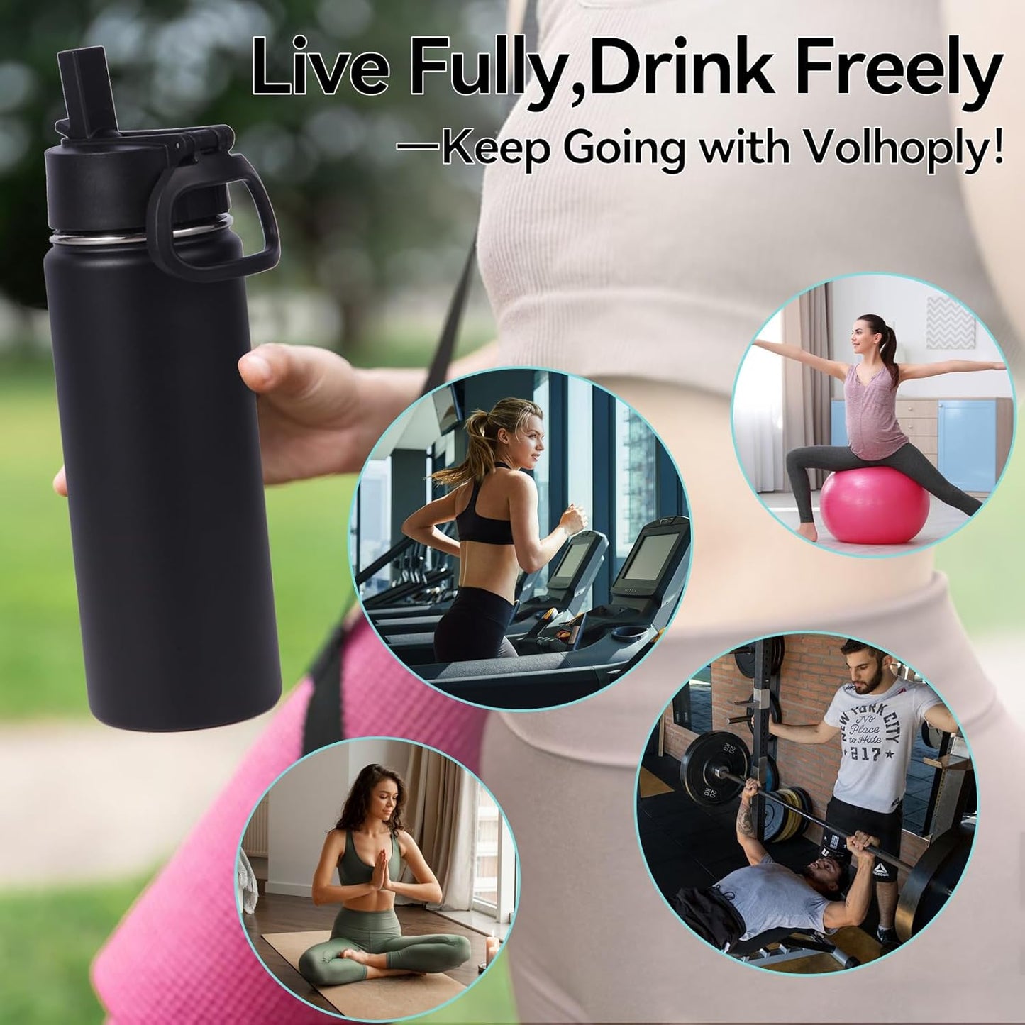 Volhoply 20oz Insulated Stainless Steel Water Bottle - Kids Wide Mouth with Straw Lid & Handle | Black