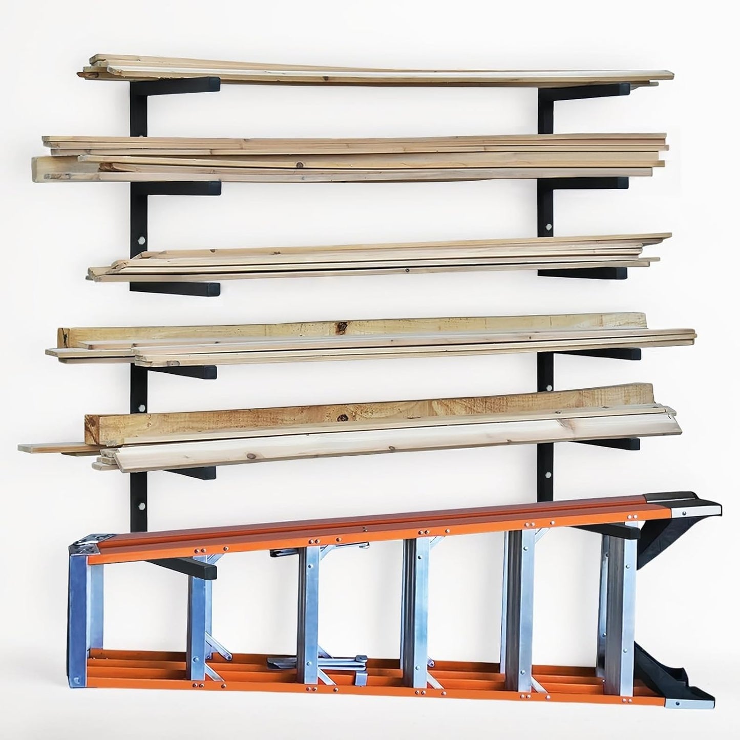 Wood Storage Racks - 3-Tier Wall-Mounted Organizer for Garage & Workshop | Black (4 Pack)