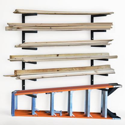 Wood Storage Racks - 3-Tier Wall-Mounted Organizer for Garage & Workshop | Black (4 Pack)