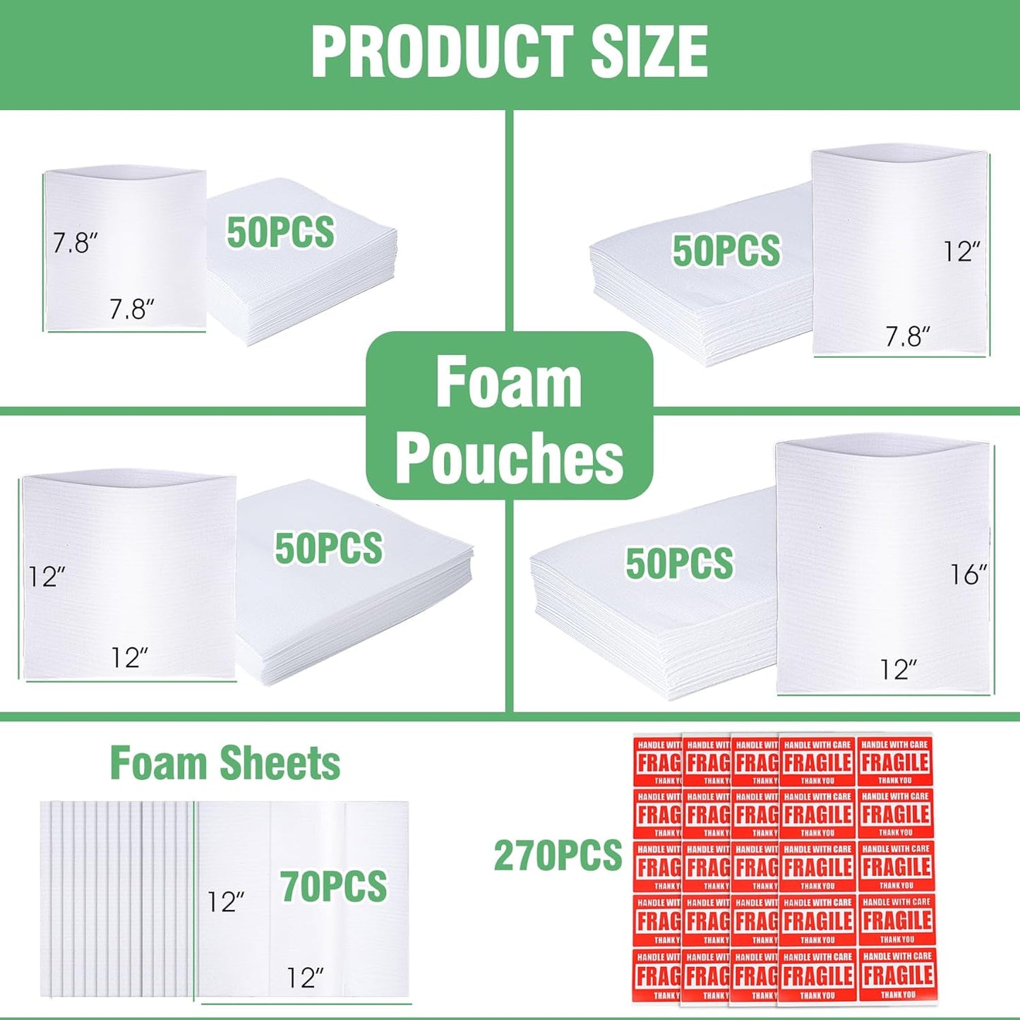 Regine Switzerland 540Pcs Dish Packing Supplies - Cushion Foam Wrap Pouches & Sheets with Fragile Stickers | 4 Sizes Included