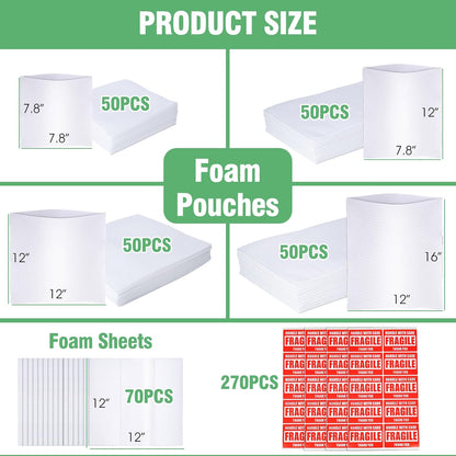 Regine Switzerland 540Pcs Dish Packing Supplies - Cushion Foam Wrap Pouches & Sheets with Fragile Stickers | 4 Sizes Included