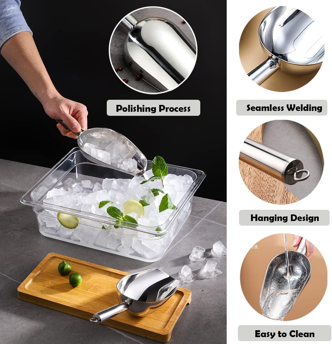 Skiennix Metal Ice Scoop - 6 Oz Stainless Steel Kitchen Scooper for Ice, Food & Pet Use