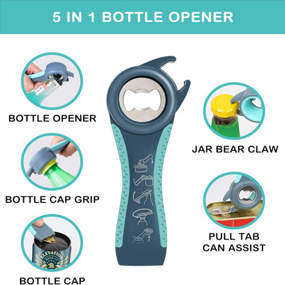 Skiennix Jar Opener - 5-in-1 Multi-Function Tool for Seniors with Arthritis | Non-Slip Grip, Blue