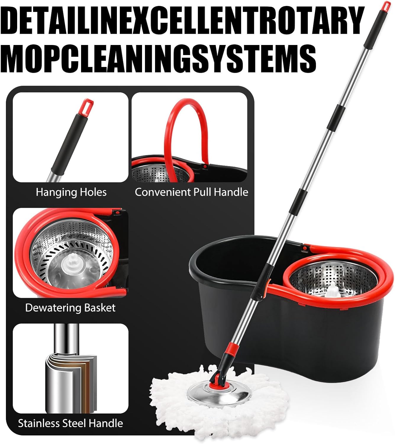 Skiennix Spin Mop and Bucket Set - 360° Cleaning System with 3 Microfiber Refills & 50" Handle | Black