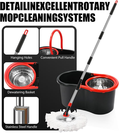 Skiennix Spin Mop and Bucket Set - 360° Cleaning System with 3 Microfiber Refills & 50" Handle | Black
