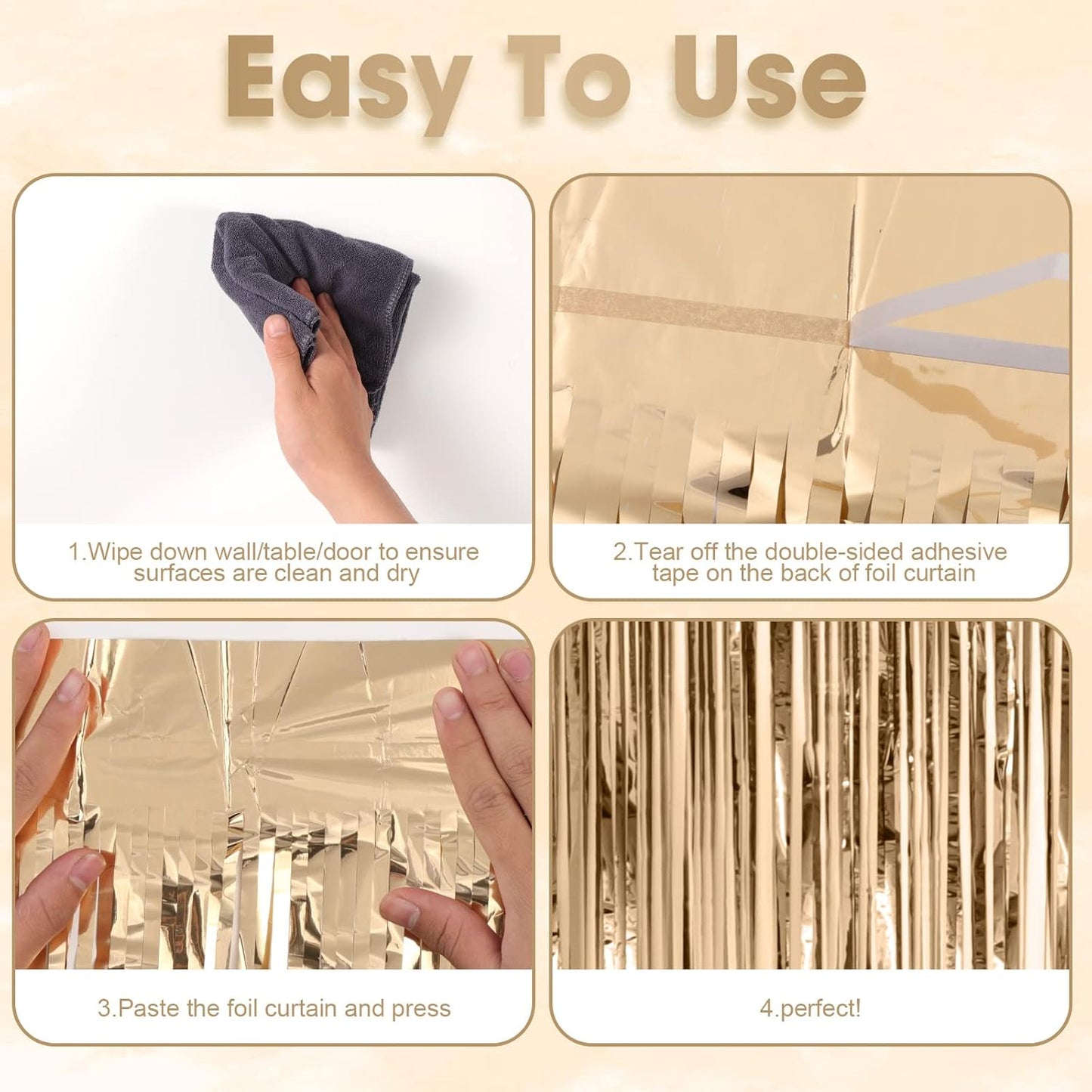 Voircoloria Champagne Foil Fringe Backdrop Curtains - 4 Pack Tinsel Streamers for Parties & Events