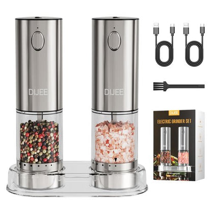 DIJEE 2Pack Electric Salt and Pepper Grinder Set with Tray USB Rechargeable Pepper Grinder Mill with LED Light Adjustable Coarseness Large Capacity Automatic Gravity Pepper Grinder for Kitchen
