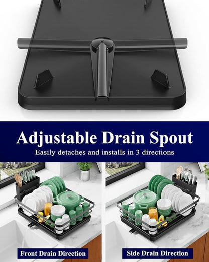 Kitsure Dish Drying Rack - Stainless Steel Kitchen Sink Organizer with Cutlery Holder | 12"W x 15.5"L, Black