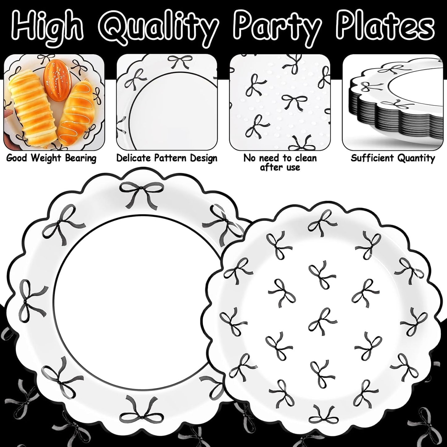 Skiennix 96-Piece Black & White Bow Party Decorations - Elegant Tableware for Birthdays & Showers, Serves 24