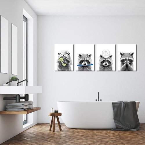Danseed 4pcs Raccoon Bathroom Canvas Wall Art - Modern Black & White Animal Decor for Washroom