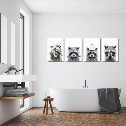Danseed 4pcs Raccoon Bathroom Canvas Wall Art - Modern Black & White Animal Decor for Washroom